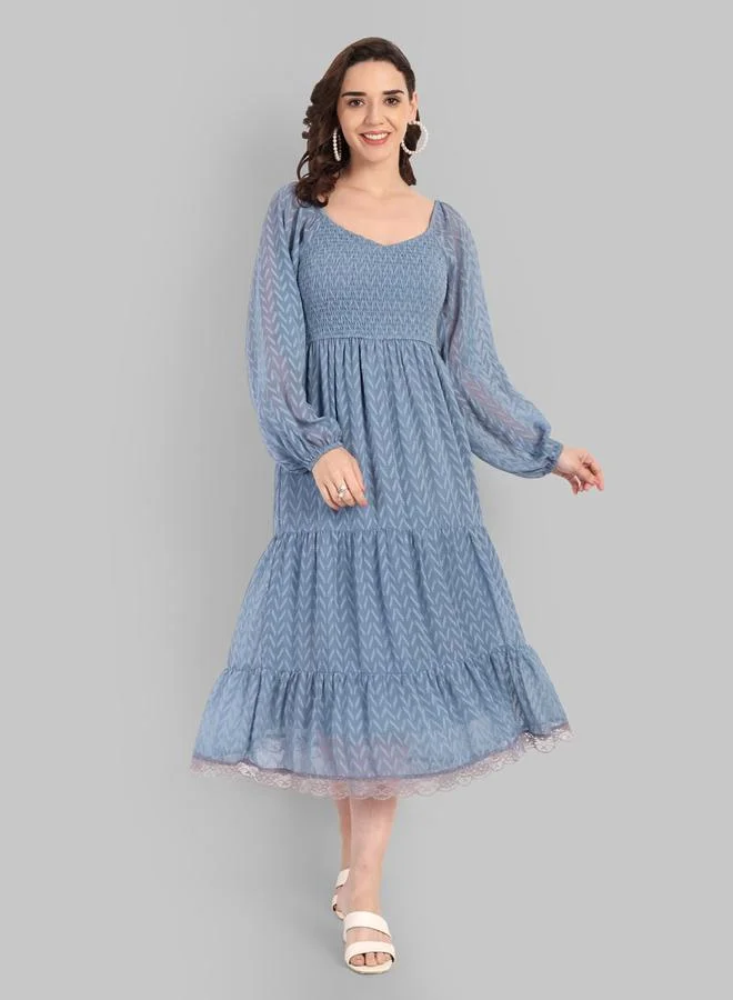 House Of Raeli Blue Self-Design A-Line Midi Dress with Long Sleeves