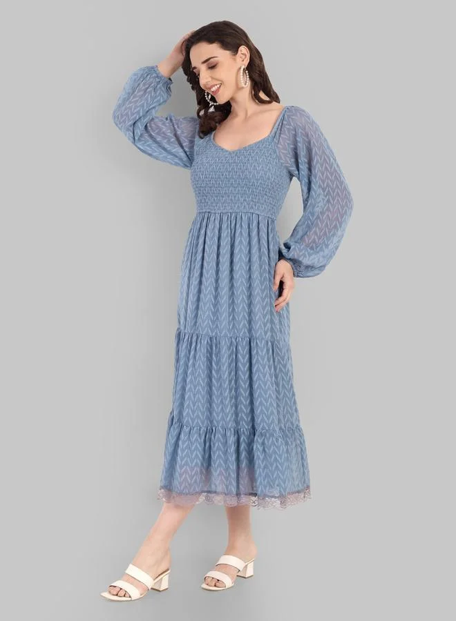 House Of Raeli Blue Self-Design A-Line Midi Dress with Long Sleeves