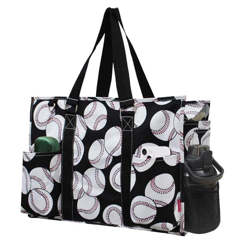 NGIL Zip-Top Organizing Utility Tote Bag with Exterior Pockets for Working Women, Nurses, and Moms, Design in USA (Baseball-Black) - Image 1