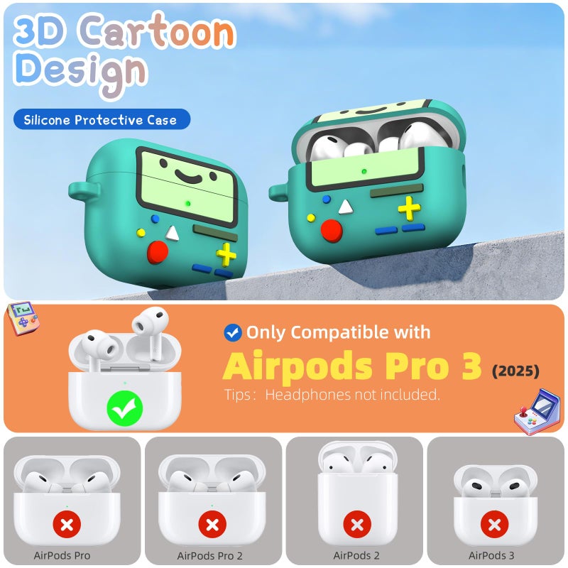 FGERWZ Cute Cover for AirPods Pro 3 Case (2025) - Funny Kawaii 3D Cartoon Design - Shockproof Protection Silicone Case for AirPods Pro 3rd Generation Accessories with Carabiner & Cleaner Kit (Green) - Image 2