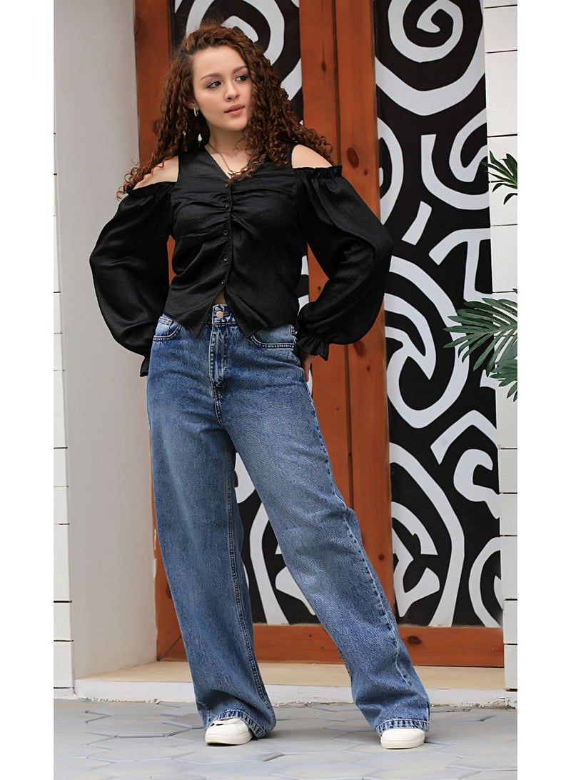 Ship Master Satin Cold-Shoulder Blouse with Front Buttons – Elegant & Stylish (Blouse Only)  - Image 2