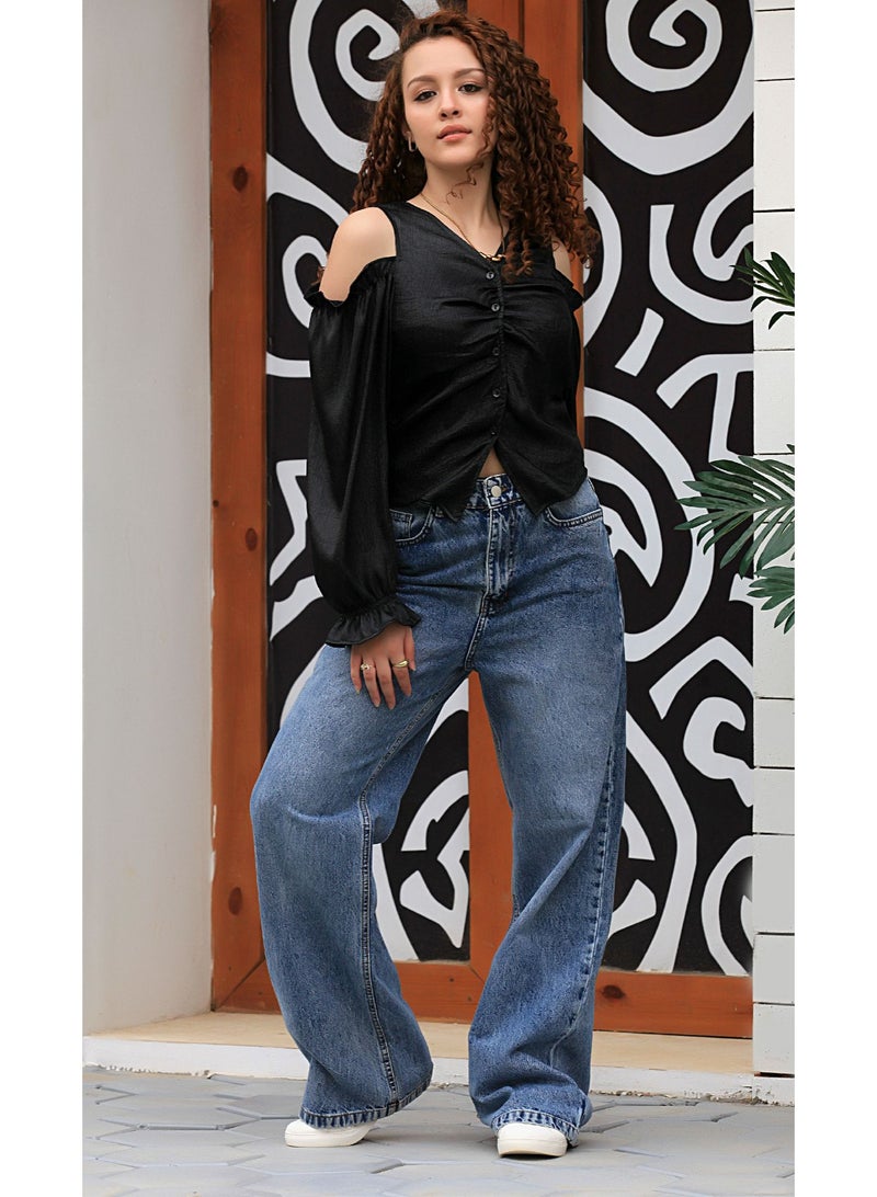 Ship Master Satin Cold-Shoulder Blouse with Front Buttons – Elegant & Stylish (Blouse Only)  - Image 3