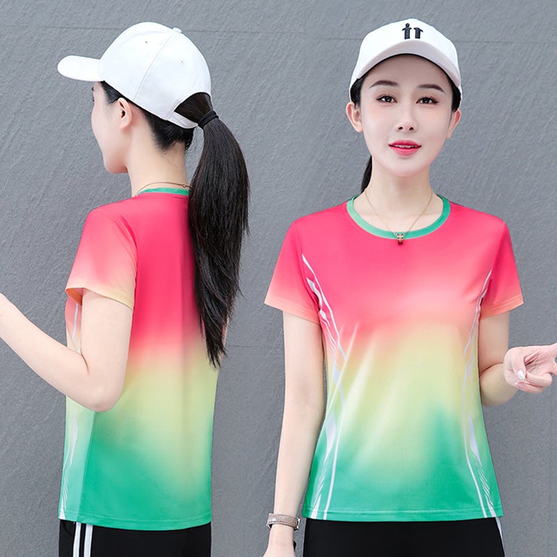 Ice Silk Elastic Quick-Drying Gradient Color-Matching Casual Short-Sleeve Round Neck T-Shirt Women'S Summer Mesh Breathable Loose T-Shirt - Image 2