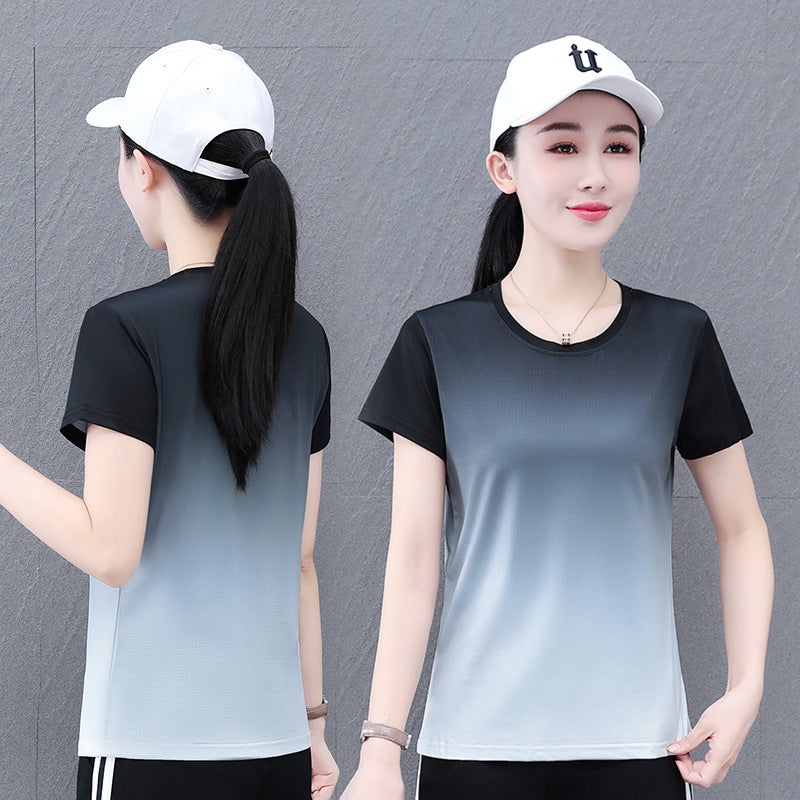 Ice Silk Elastic Quick-Drying Gradient Color-Matching Casual Short-Sleeve Round Neck T-Shirt Women'S Summer Mesh Breathable Loose T-Shirt - Image 4