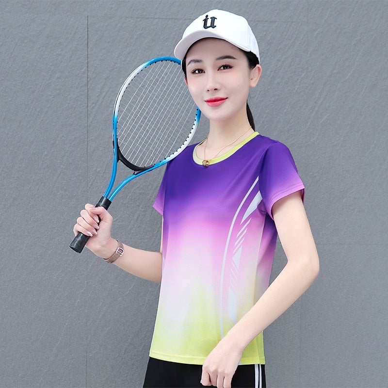 Ice Silk Elastic Quick-Drying Gradient Color-Matching Casual Short-Sleeve Round Neck T-Shirt Women'S Summer Mesh Breathable Loose T-Shirt - Image 1