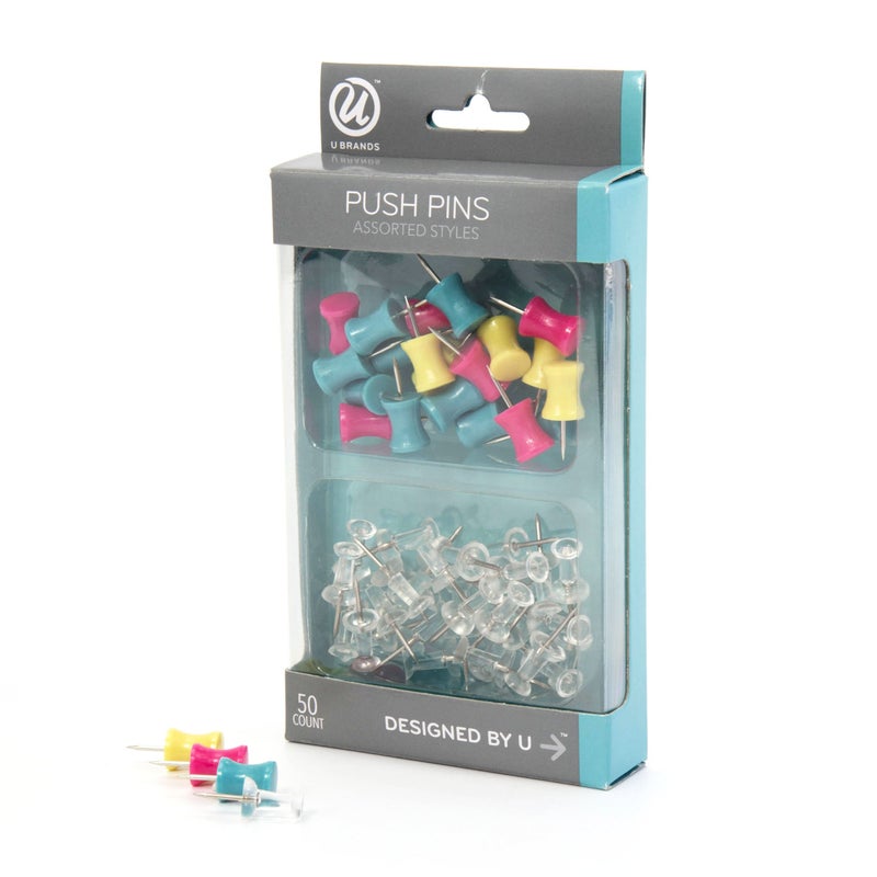 U Brands U Brands Push Pins Clear Red Yellow and Green Plastic Head Steel Point Pop Spring Fashion Colors 50Count
