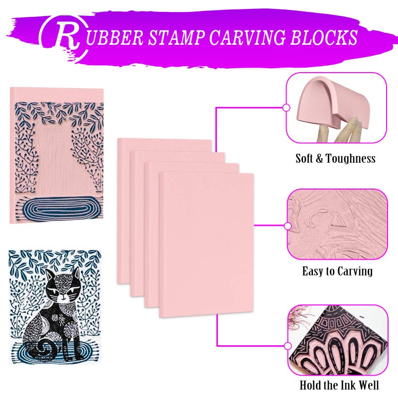 WAYCOM 18 Pcs Rubber Stamp Making Kit,Rubber Carving Block Linoleum Cutter Set Rubber Stamp Carving Block Craft Ink Pad Hobby Knife Pencil for DIY Stamp Carving Craft - Image 5