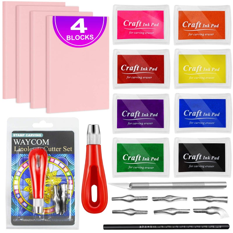 WAYCOM 18 Pcs Rubber Stamp Making Kit,Rubber Carving Block Linoleum Cutter Set Rubber Stamp Carving Block Craft Ink Pad Hobby Knife Pencil for DIY Stamp Carving Craft - Image 1