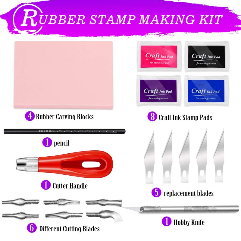 WAYCOM 18 Pcs Rubber Stamp Making Kit,Rubber Carving Block Linoleum Cutter Set Rubber Stamp Carving Block Craft Ink Pad Hobby Knife Pencil for DIY Stamp Carving Craft - Image 2
