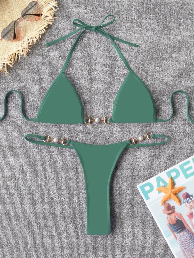 TASHEHE Women's Triangle Thong Bikini Set Sexy String Brazillian Two Piece Swimsuit Cute Bikini Bathing Suit - Army Green - Small - Image 5