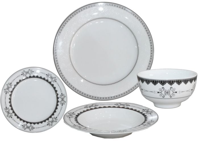 السيف هوم طقم سفرة سيراميك - 24 قطعة أبيض بنقوش سوداء أنيقة