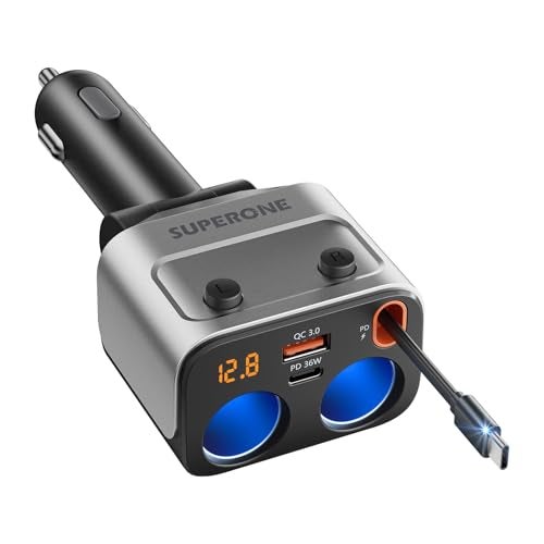 180W Cigarette Lighter Splitter wRetractable 36W USBC Cable SUPERONE 2Socket Cigarette Lighter Adapter with QC30 Car Charger Splitter for GPSDash CamLaptopiPadiPhone 17161514131211