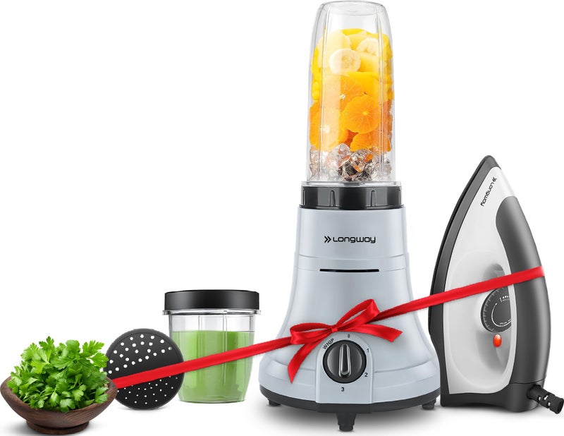 Longway Sage 500 Watt Juicer Mixer Grinder for Grinding, Mixing, Juicing with Powerful Motor & Kwid 1100 Watt Dry Iron (Gray & Black, 2 Jars, Combo Offer) - Image 1