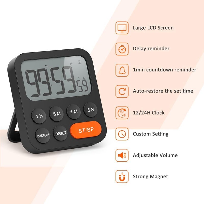 LIORQUE Digital Kitchen Timer Magnetic Stopwatch Timer with Clock, Magnet, 3-Level Volume, LCD Display for Cooking, Sports, Study, 2 AAA Batteries Included - Image 2