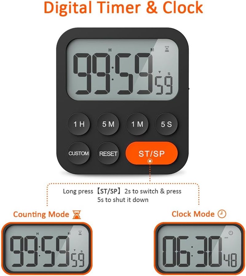 LIORQUE Digital Kitchen Timer Magnetic Stopwatch Timer with Clock, Magnet, 3-Level Volume, LCD Display for Cooking, Sports, Study, 2 AAA Batteries Included - Image 3