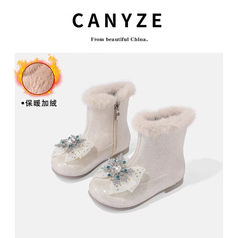 Canyze Girls Leather Boots Children'S Fashion Rhinestone Princess Boots Fleece-Lined Warm Fashion Boots - Image 1