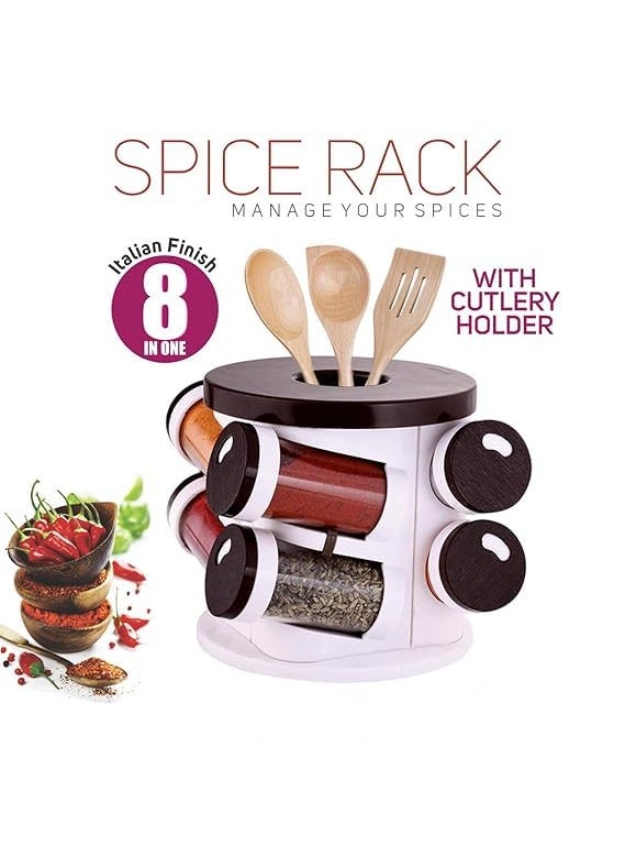 Design Accent - Design Accent Revolving Spice Rack 8 in 1 Masala Rack Set Kitchen Storage Turntable Condiment Stand Round Plastic Masala Spice Rack Spice Container Jar Bottle Spice Kitchen Rack - Image 1