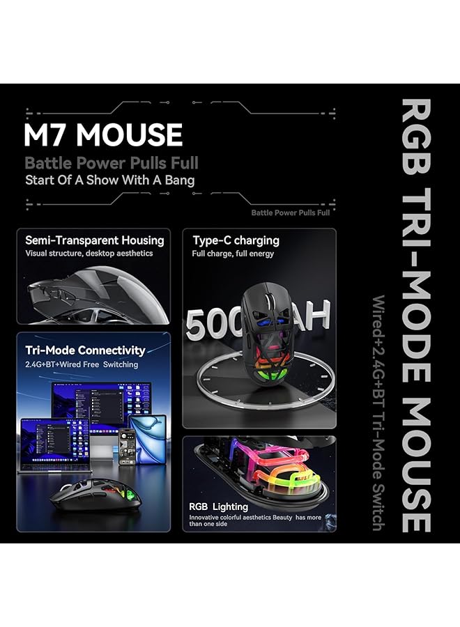 KASTWAVE Tri Mode Wireless Gaming Mouse – Wired/Bt/2.4Ghz Connectivity Transparent Honeycomb Shell 5 Rgb Lights Side Button – Gaming Mouse For Pc Laptop And Gaming Consoles (Black) - Image 2