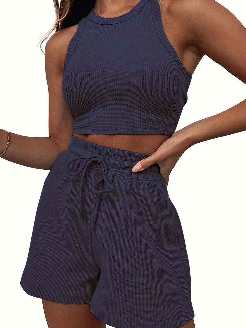 2024 Summer Waffle Knit Sleeveless Casual Womens Two-Piece Set Navy blue 