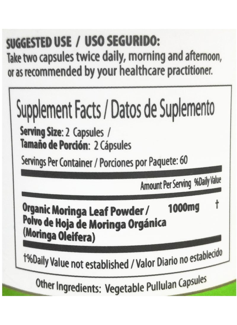 Pura Vida Moringa كبسولات المورينغا ذات الأصل الواحد مسحوق المورينغا العضوية. ورق المورينجا. الطاقة والتمثيل الغذائي ودعم المناعة. 120 قيراط. 500 ملغ قبعات.  - Image 2