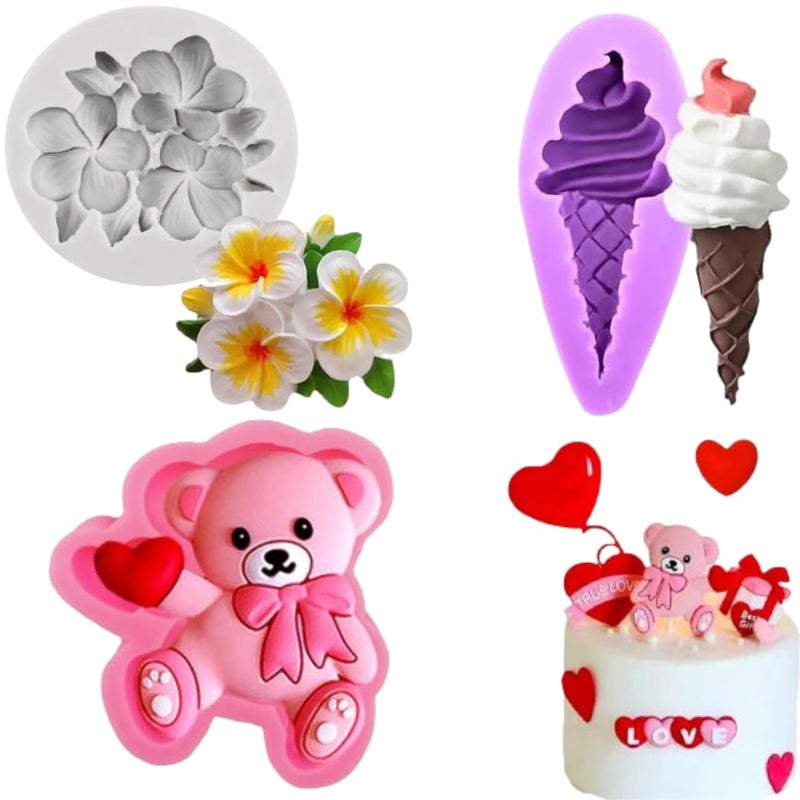 LEGACYCART 1 Cavity Plemeria Flower Mould 1 Cavity Love Teddy Bear and Ice Cream Silicone Mould for Cake Cupcake Brownie Ice Cream Pudding Jely Topper DIY Candle Soap Resin Crrafts Pack of 3