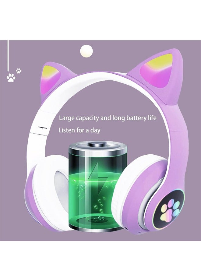 MIQIA Cat Ear Wired/Wireless Bluetooth Headphones with Built-In Microphone for Kids Light Up Bluetooth Foldable Headphones for Fun and Safe Listening Purple - Image 3