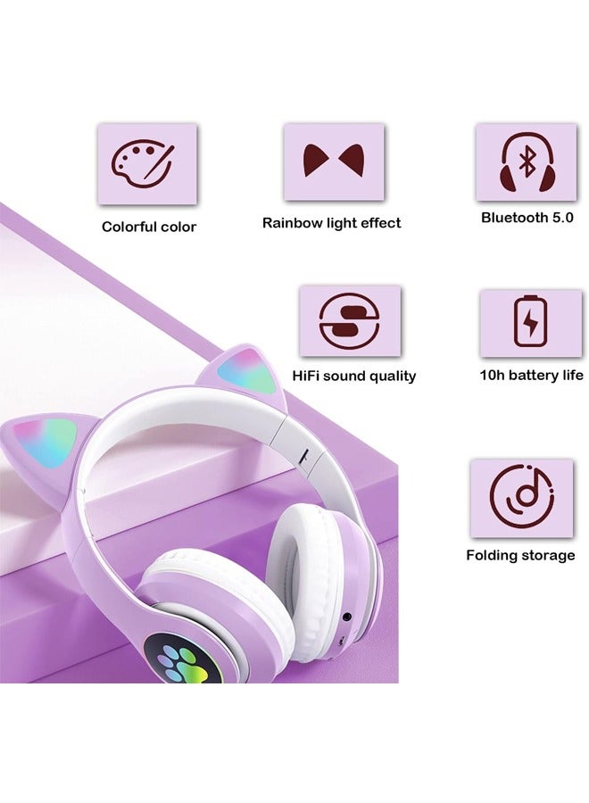 MIQIA Cat Ear Wired/Wireless Bluetooth Headphones with Built-In Microphone for Kids Light Up Bluetooth Foldable Headphones for Fun and Safe Listening Purple - Image 4