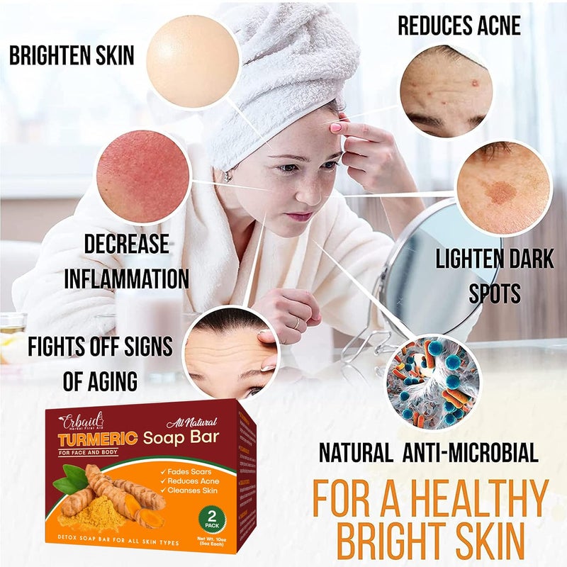 Erbaid Natural Turmeric Soap Bar for Face & Body â€“ Turmeric Skin Brightening Soap for Dark Spots, Intimate Areas, Underarms â€“ Exfoliating Face Wash Reduces Acne, Scars & Cleanses Skin â€“ 5oz Bath Bar (2 Pack) - Image 3