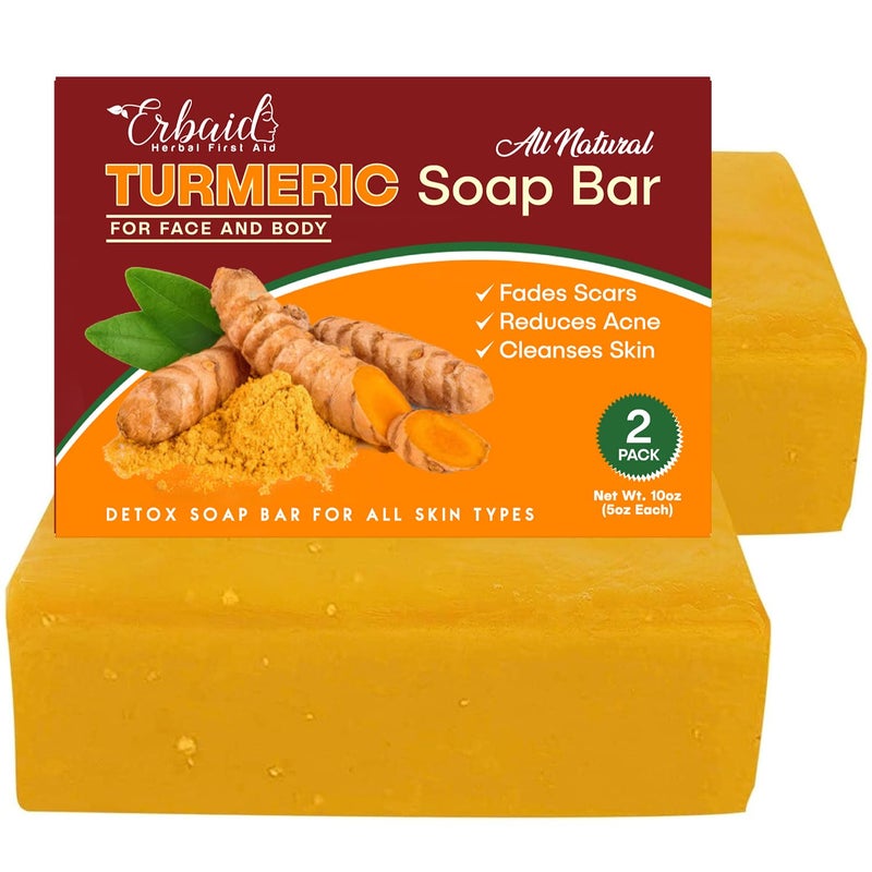 Erbaid Natural Turmeric Soap Bar for Face & Body â€“ Turmeric Skin Brightening Soap for Dark Spots, Intimate Areas, Underarms â€“ Exfoliating Face Wash Reduces Acne, Scars & Cleanses Skin â€“ 5oz Bath Bar (2 Pack) - Image 1