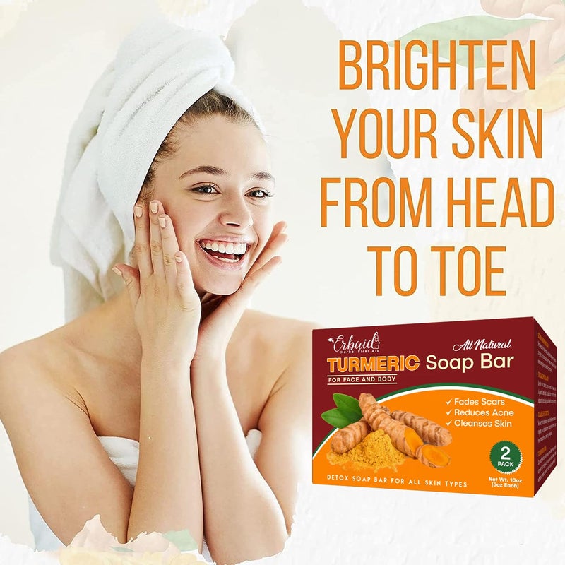 Erbaid Natural Turmeric Soap Bar for Face & Body â€“ Turmeric Skin Brightening Soap for Dark Spots, Intimate Areas, Underarms â€“ Exfoliating Face Wash Reduces Acne, Scars & Cleanses Skin â€“ 5oz Bath Bar (2 Pack) - Image 2