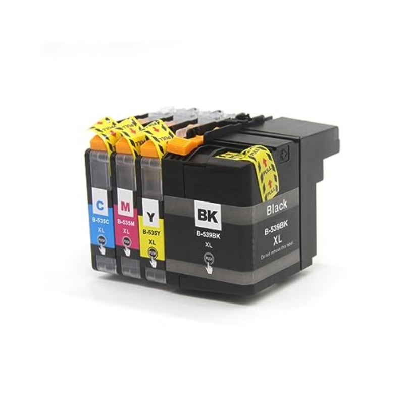 لطابعات Brother DCP-J100/J105/MFC-J200: مجموعة حبر LC535XL/LC539XL مكونة من 4 عبوات، أسود قائم على الصبغة + سماوي/أرجواني/أصفر قائم على الصبغة، عالي الإنتاجية، ومقاوم للبهتان - Image 1