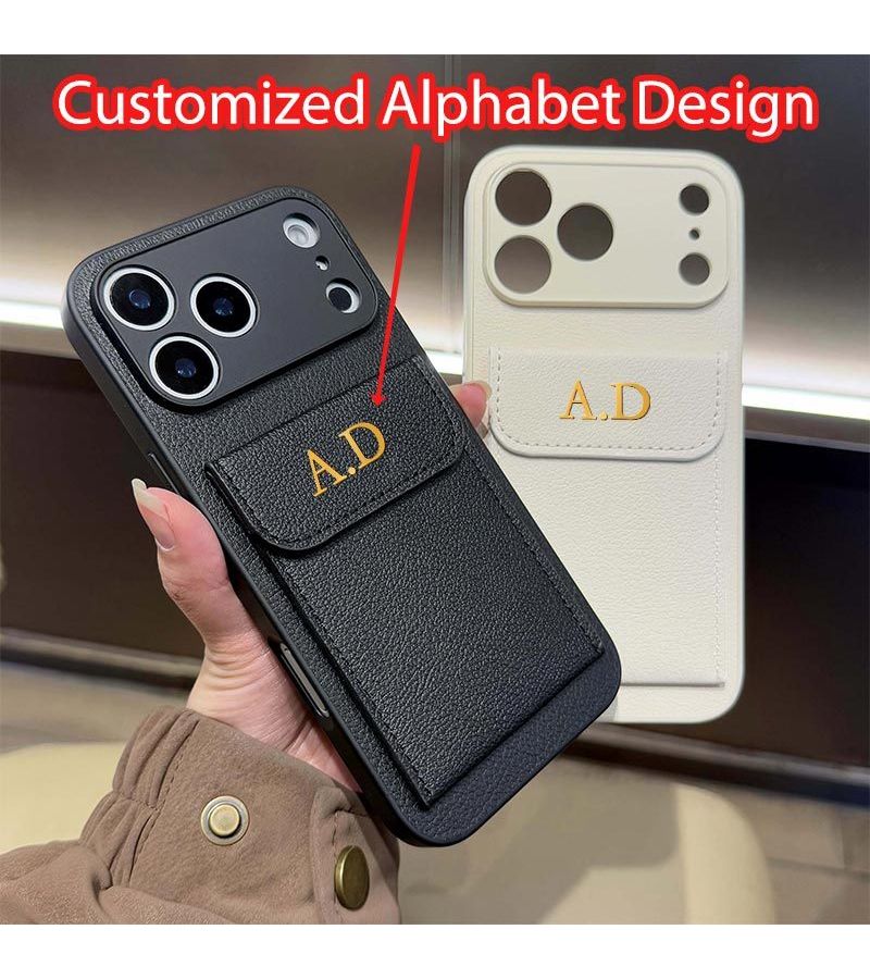 Black PU Leather Card Holder Phone Case With Letter Print And Stand Compatible With iPhone 13 Pro Max - Image 2