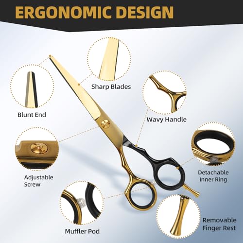 Ethyxe Hair Cutting Scissors Kit - 9 PCS Professional Haircut Scissors Set with Stainless Steel Straight and Thinning Shears for Home, Salon, and Barber Use (Black & Gold) - Image 5