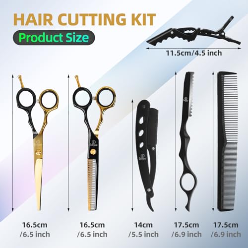 Ethyxe Hair Cutting Scissors Kit - 9 PCS Professional Haircut Scissors Set with Stainless Steel Straight and Thinning Shears for Home, Salon, and Barber Use (Black & Gold) - Image 2