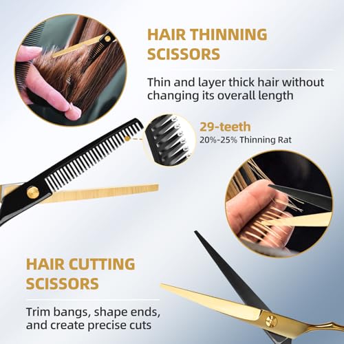 Ethyxe Hair Cutting Scissors Kit - 9 PCS Professional Haircut Scissors Set with Stainless Steel Straight and Thinning Shears for Home, Salon, and Barber Use (Black & Gold) - Image 3