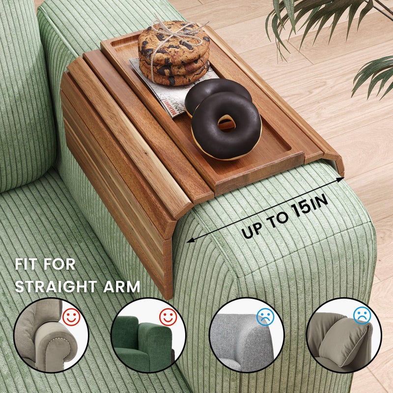 Danfoxer Sofa Arm Tray,Acacia Wood Folding Couch Arm Tray,Sofa Armrest Trays with Anti-Slip Pad for Drinks,Snacks,Phone,Remote Control 2 PC - Image 3