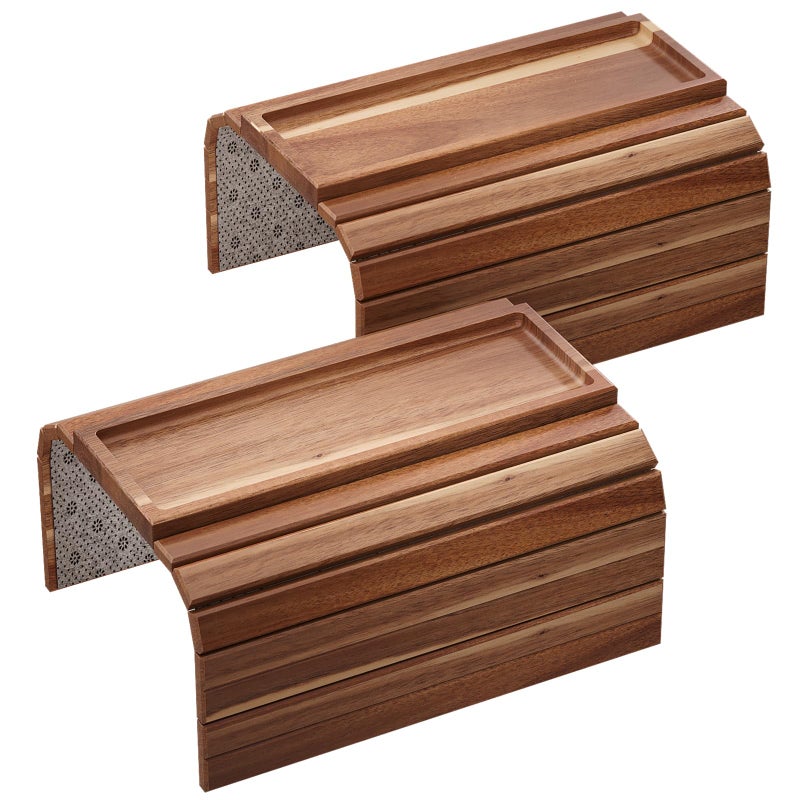 Danfoxer Sofa Arm Tray,Acacia Wood Folding Couch Arm Tray,Sofa Armrest Trays with Anti-Slip Pad for Drinks,Snacks,Phone,Remote Control 2 PC - Image 1