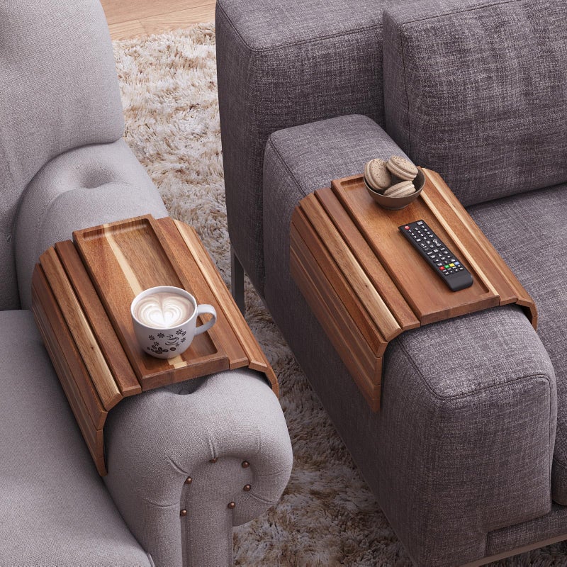 Danfoxer Sofa Arm Tray,Acacia Wood Folding Couch Arm Tray,Sofa Armrest Trays with Anti-Slip Pad for Drinks,Snacks,Phone,Remote Control 2 PC - Image 2
