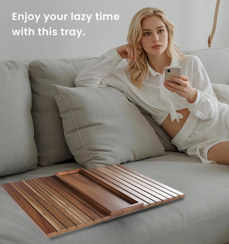 Danfoxer Sofa Arm Tray,Acacia Wood Folding Couch Arm Tray,Sofa Armrest Trays with Anti-Slip Pad for Drinks,Snacks,Phone,Remote Control 2 PC - Image 5