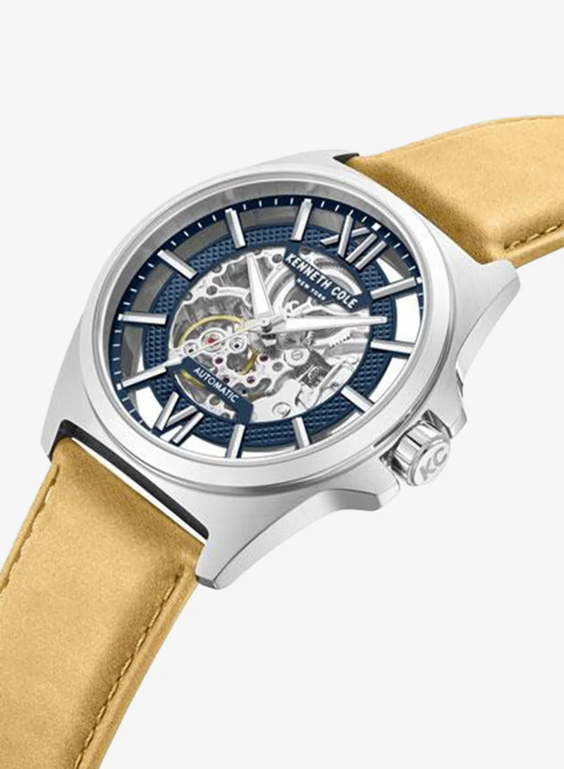 Kenneth Cole New York Pelham Bay Men's 44mm Automatic Watch with Blue Dial & Tan Genuine Leather Strap