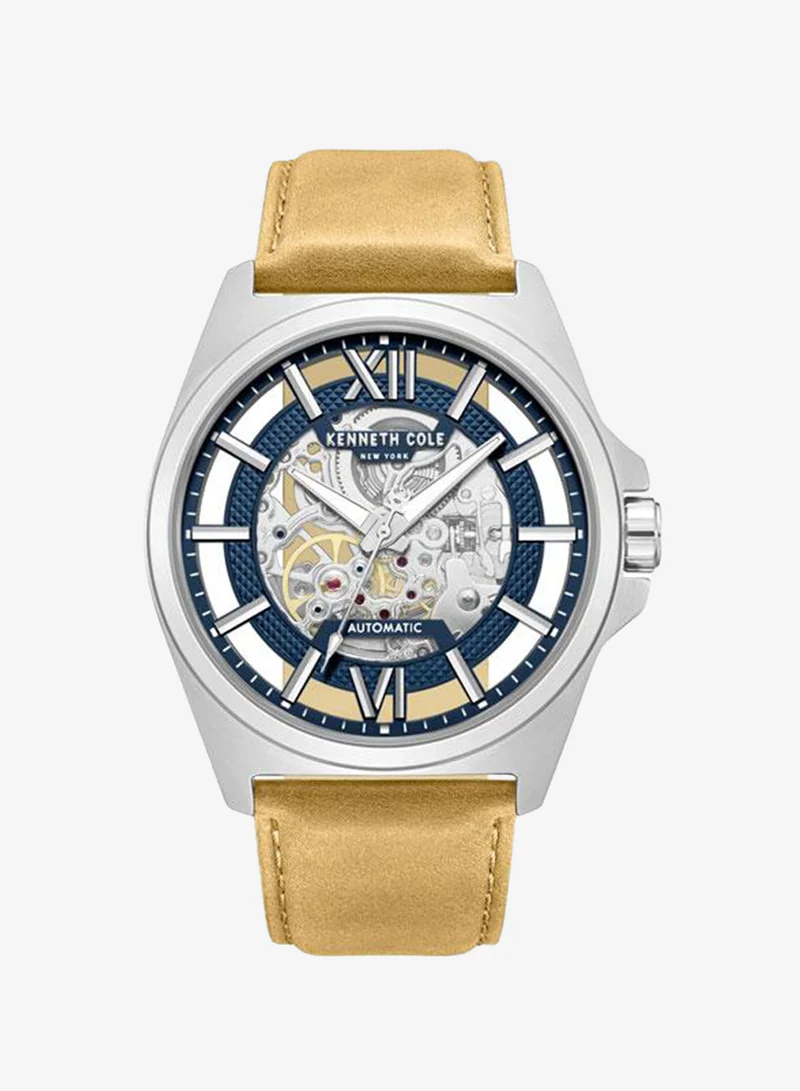 Kenneth Cole New York Pelham Bay Men's 44mm Automatic Watch with Blue Dial & Tan Genuine Leather Strap