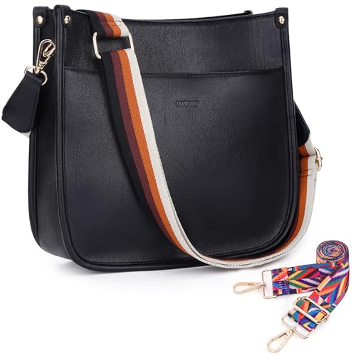 HKCLUF Crossbody Bags for Women Trendy Vegan Leather Hobo Handbags With 2PCS Adjustable Guitar Strap Crossbody Shoulder Purse for Women(black) - Image 1