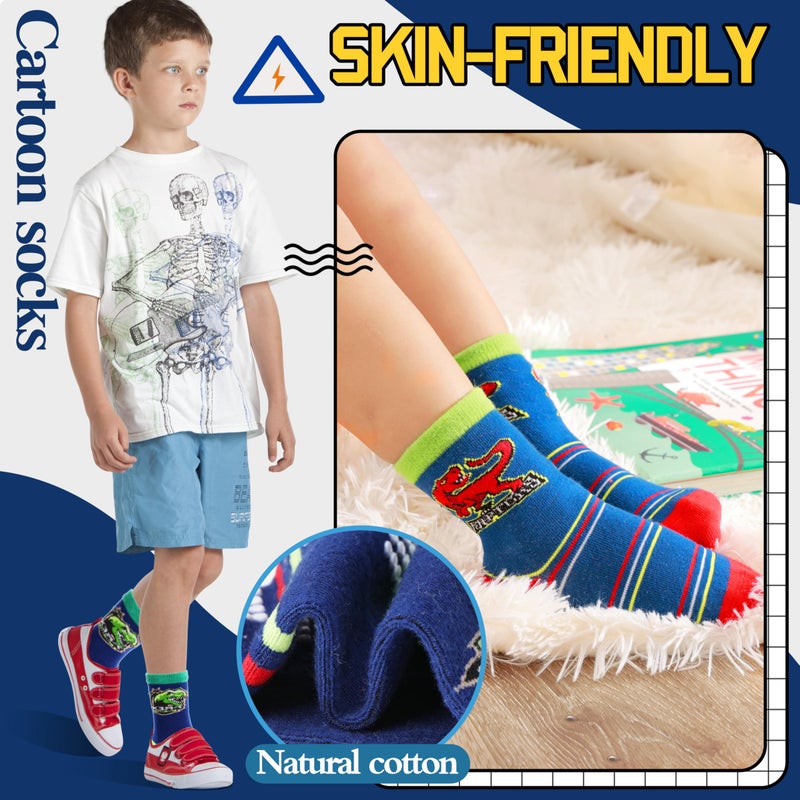 Welwoos Baby Boys Grips Socks Kids Toddlers Infants Non Slip Anti Skid Funny Animal Cartoon Gift Cotton Socks with Grippers 12 Pairs Stocking Stuffers (Dinosaur,5-8 Y) - Image 2