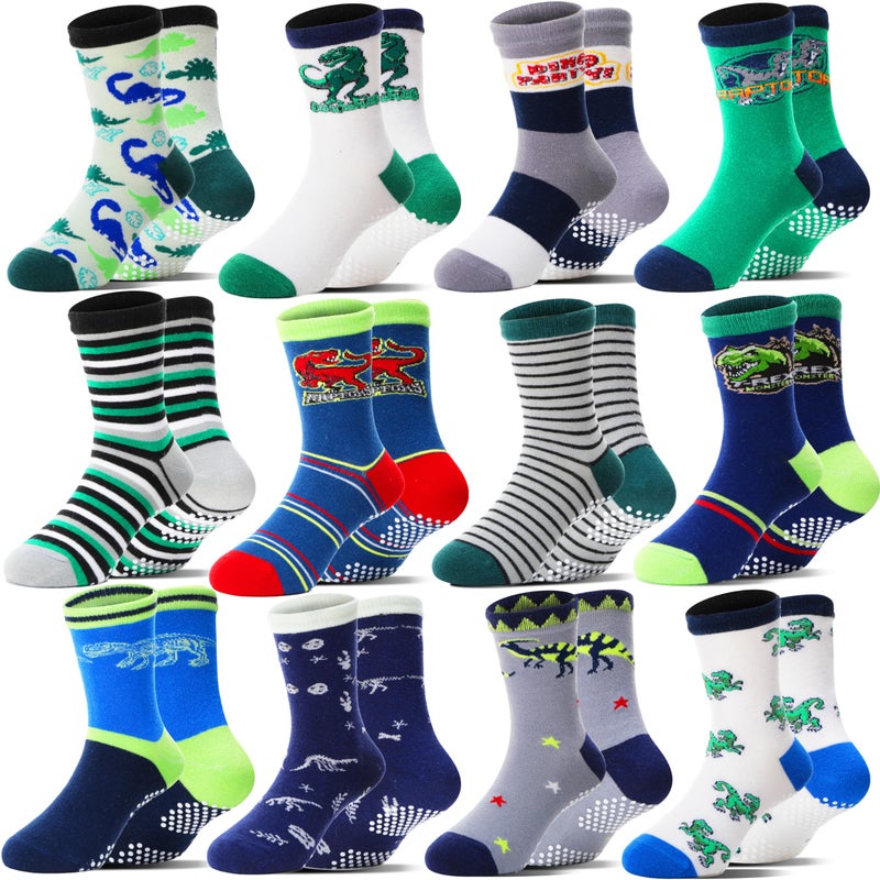 Welwoos Baby Boys Grips Socks Kids Toddlers Infants Non Slip Anti Skid Funny Animal Cartoon Gift Cotton Socks with Grippers 12 Pairs Stocking Stuffers (Dinosaur,5-8 Y) - Image 1