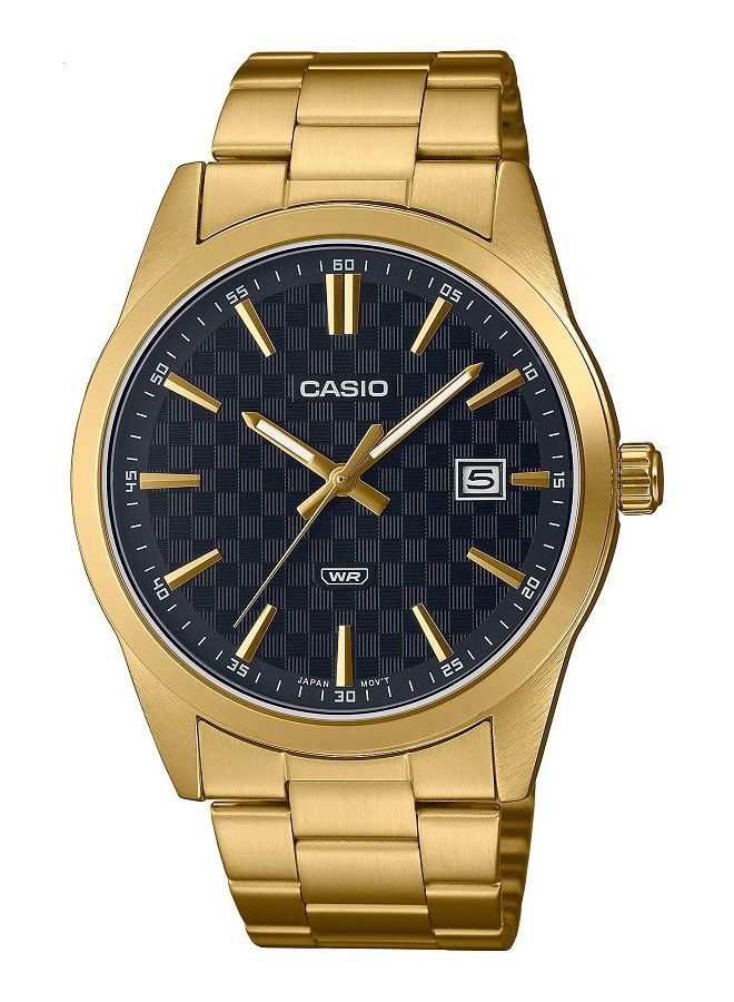 Casio Men Watch Analog Date Display Black Dial Stainless Steel Band Gold Ion Plated Case and Band MTP-VD03G-1AU - Image 1