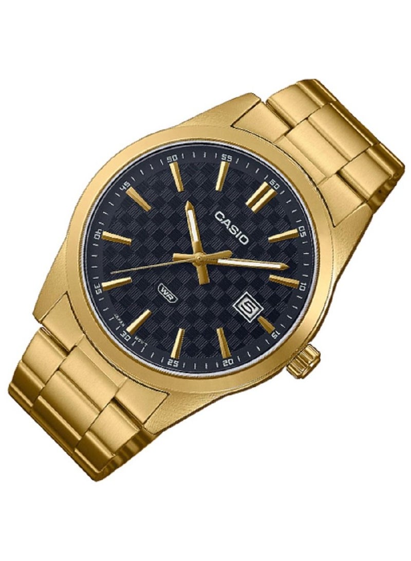 Casio Men Watch Analog Date Display Black Dial Stainless Steel Band Gold Ion Plated Case and Band MTP-VD03G-1AU - Image 2