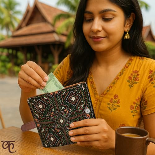 Kalankit Passport Wallet for Women | Vegan Leather Bi-Fold Long Wallet & Travel Purse | Valentine Gift for Her, Valentine Gifts for Women | Black Mandala - Image 2