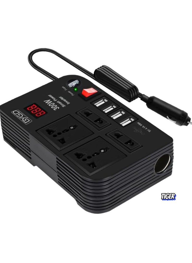 TIGER 300W Power Inverter, Car Charger & Converter, DC 12V to 220V AC, 4.1A USB, 4 AC Outlets, Smart Digital Display, Car Cigarette Adapter, Efficient Car Power Inverter for Travel  - Image 1