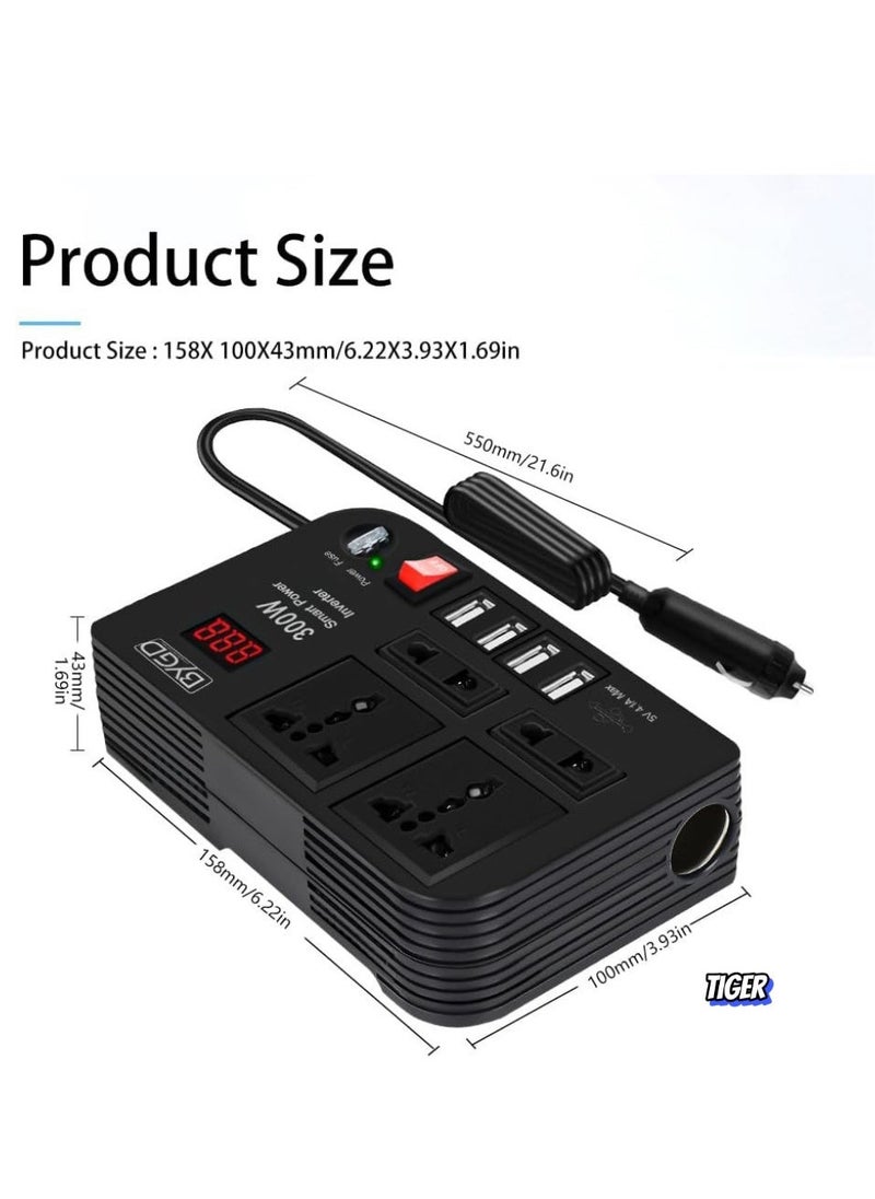 TIGER 300W Power Inverter, Car Charger & Converter, DC 12V to 220V AC, 4.1A USB, 4 AC Outlets, Smart Digital Display, Car Cigarette Adapter, Efficient Car Power Inverter for Travel  - Image 2