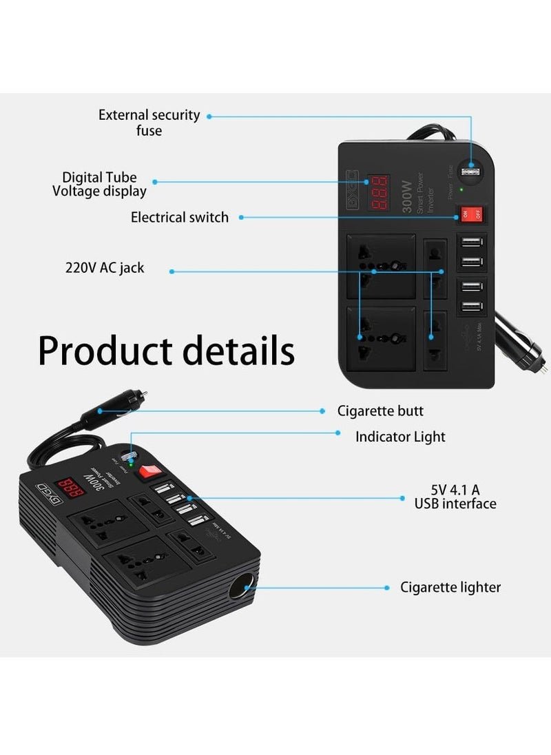 TIGER 300W Power Inverter, Car Charger & Converter, DC 12V to 220V AC, 4.1A USB, 4 AC Outlets, Smart Digital Display, Car Cigarette Adapter, Efficient Car Power Inverter for Travel  - Image 4